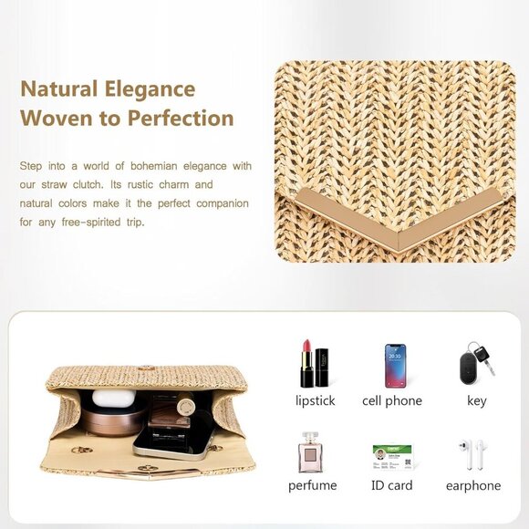 Women Straw Purse Woven Beach Clutch Crossbody Evening Handbag - Picture 6 of 7